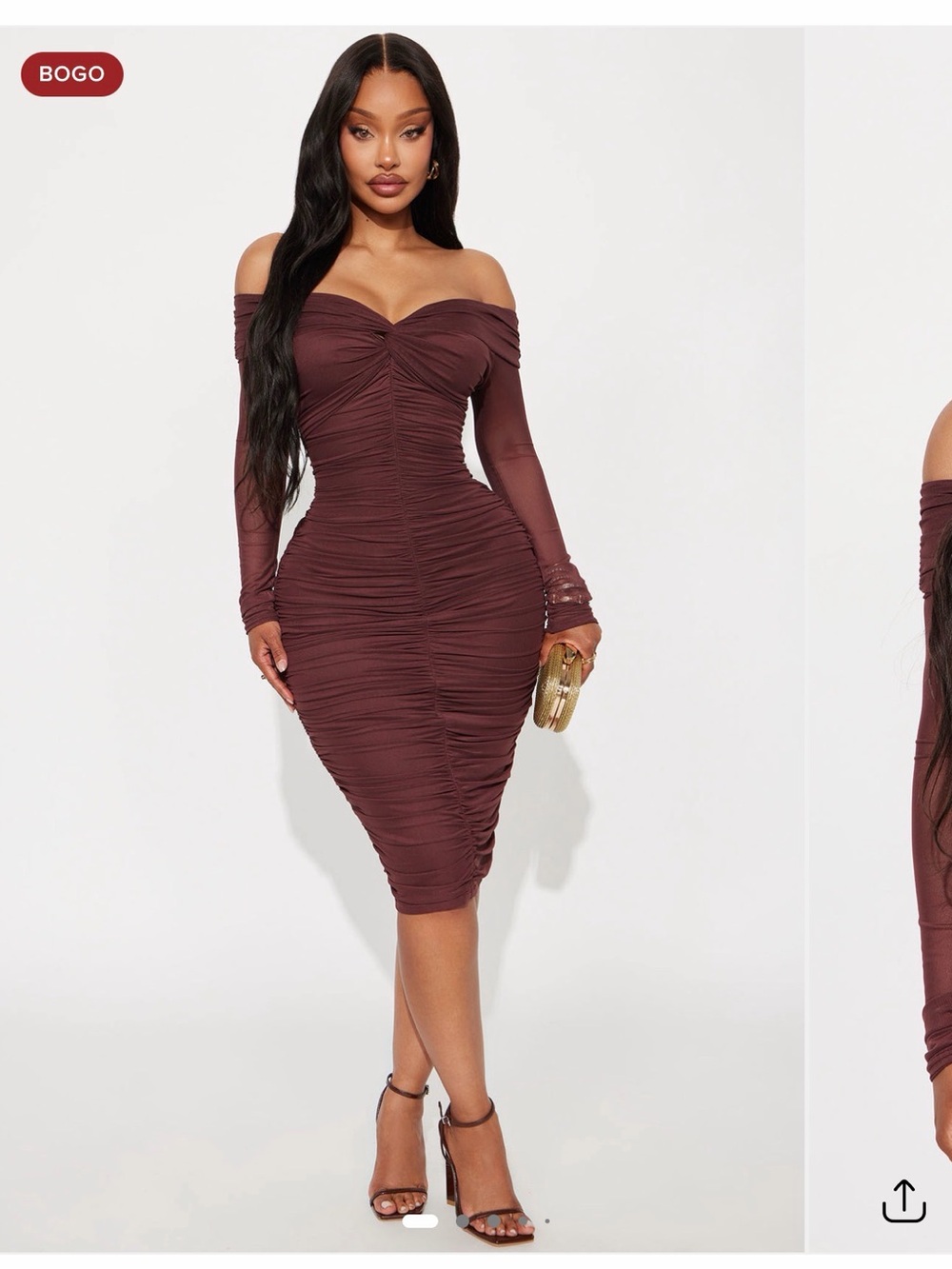 Off-Shoulder Ruched Bodycon Dress in Deep Brown and blue